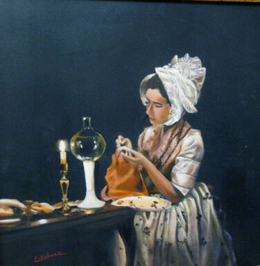 Peinture intitulée "couturiere a la bou…" par Renée Estebanez, Œuvre d'art originale, Huile