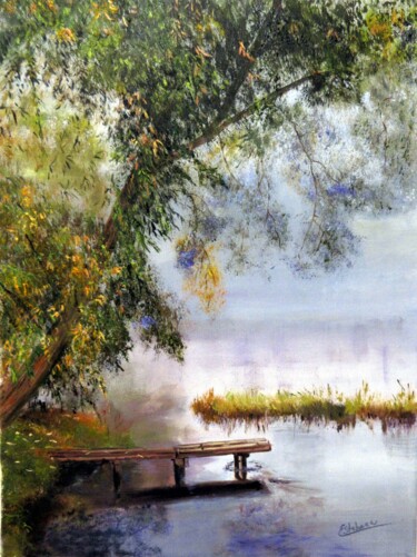 Painting titled "etang dans la brume" by Renée Estebanez, Original Artwork, Oil