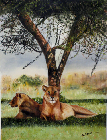 Schilderij getiteld "lionnes" door Renée Estebanez, Origineel Kunstwerk, Olie