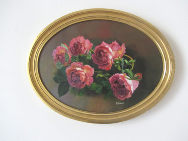 Painting titled "roses-abricot-huile…" by Renée Estebanez, Original Artwork