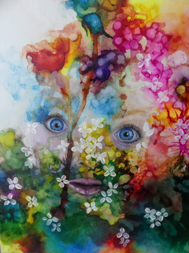 Painting titled "L'encre de tes yeux" by Renée Tortet, Original Artwork, Oil