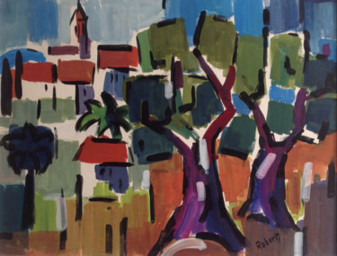 Painting titled "les arbres" by Maurice Gérard Robert, Original Artwork, Gouache Mounted on Cardboard