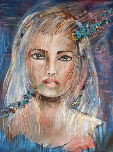 Картина под названием "Girl with mosaic gl…" - Rene Pauwels, Подлинное произведение искусства, Акрил
