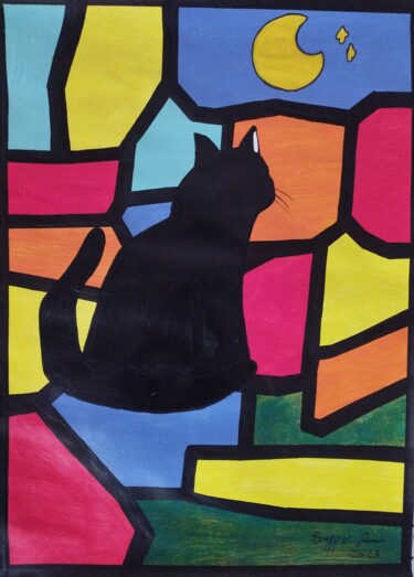 Painting titled "Il Gatto Nero - Pat…" by Renzo Buggiani, Original Artwork, Acrylic