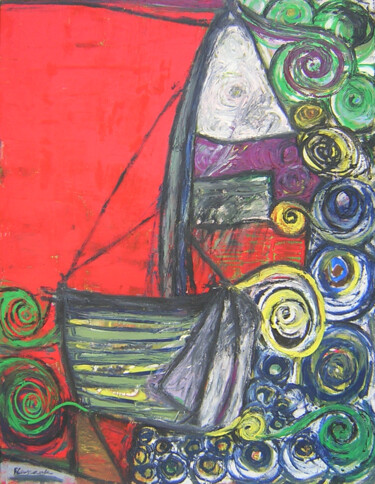 Pittura intitolato "Bote en cielo rojo…" da Renzo Campoverde, Opera d'arte originale, Olio