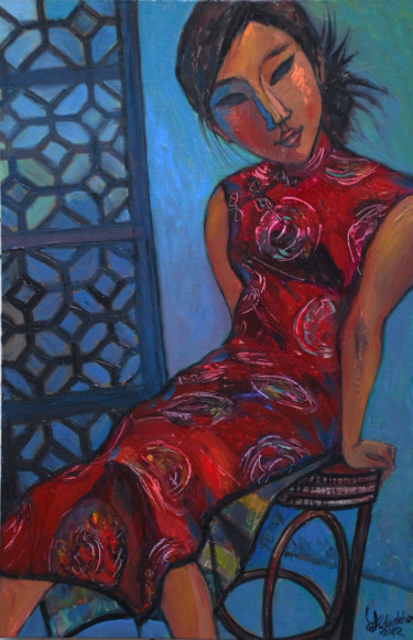 Картина под названием "Lady in red" - Yulduskhon, Подлинное произведение искусства, Масло