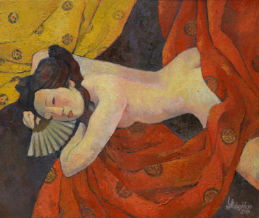 Painting titled "Sleep" by Yulduskhon, Original Artwork, Oil Mounted on Wood Stretcher frame