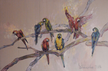 Schilderij getiteld "Parrots" door Yulduskhon, Origineel Kunstwerk, Olie