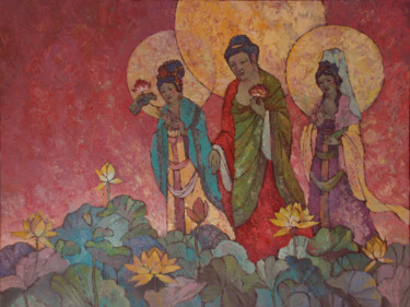 Malerei mit dem Titel "Buddha and Bodhisat…" von Yulduskhon, Original-Kunstwerk, Öl Auf Keilrahmen aus Holz montiert