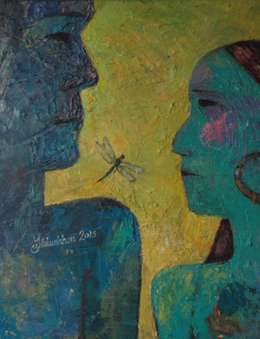 Painting titled "Dialogue" by Yulduskhon, Original Artwork, Oil Mounted on Wood Stretcher frame