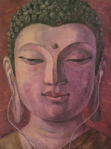 Schilderij getiteld "Buddha&Nirvana" door Yulduskhon, Origineel Kunstwerk, Olie Gemonteerd op Frame voor houten brancard