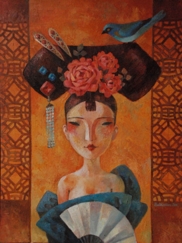 Schilderij getiteld "Queen of diamonds" door Yulduskhon, Origineel Kunstwerk, Olie Gemonteerd op Frame voor houten brancard