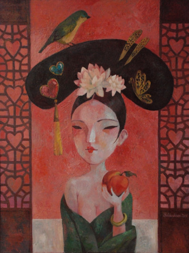 Pintura intitulada "Queen of hearts" por Yulduskhon, Obras de arte originais, Óleo Montado em Armação em madeira