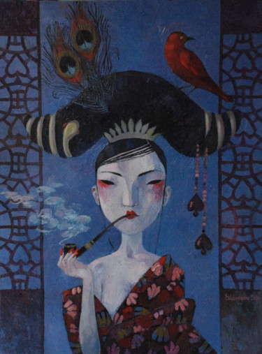 Malerei mit dem Titel "Queen of spades" von Yulduskhon, Original-Kunstwerk, Öl Auf Keilrahmen aus Holz montiert