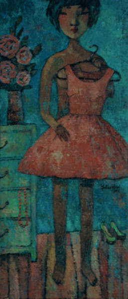 Painting titled "The new dress" by Yulduskhon, Original Artwork, Oil Mounted on Wood Stretcher frame