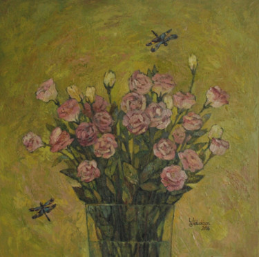 Картина под названием "Roses&Dragonflies." - Yulduskhon, Подлинное произведение искусства, Масло Установлен на Деревянная ра…