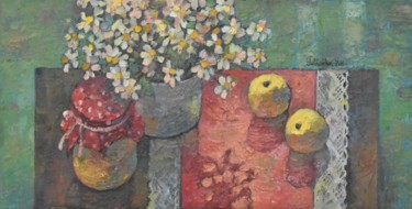 Schilderij getiteld "Daisies, honey & ap…" door Yulduskhon, Origineel Kunstwerk, Olie Gemonteerd op Frame voor houten branca…