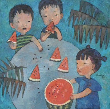 Painting titled "Watermelon arithmet…" by Yulduskhon, Original Artwork, Oil
