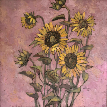 Painting titled "Sunflowers" by Yulduskhon, Original Artwork, Oil Mounted on Wood Stretcher frame