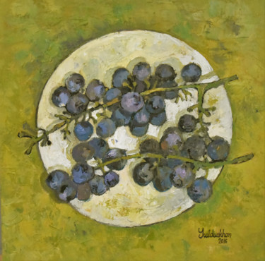 Schilderij getiteld "Grapes" door Yulduskhon, Origineel Kunstwerk, Olie Gemonteerd op Frame voor houten brancard