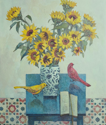 Painting titled "Sunflowers&Notebook" by Yulduskhon, Original Artwork, Oil Mounted on Wood Stretcher frame