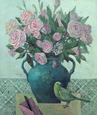 Painting titled "Roses in a blue vase" by Yulduskhon, Original Artwork, Oil Mounted on Wood Stretcher frame