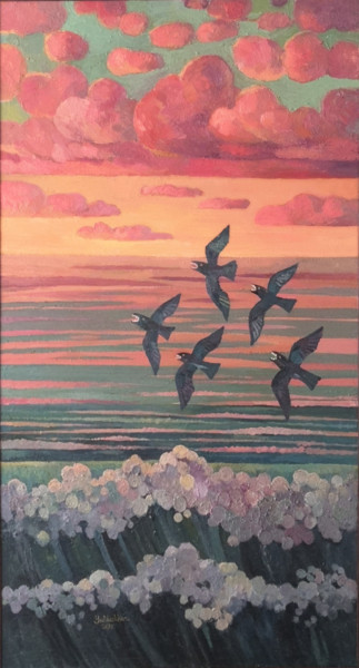 Painting titled "Sunset&birds" by Yulduskhon, Original Artwork, Oil Mounted on Wood Stretcher frame