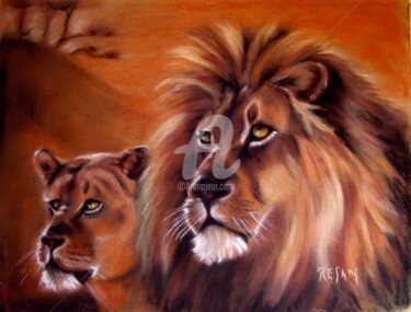 Dessin intitulée "COUPLE DE LIONS" par Resan, Œuvre d'art originale