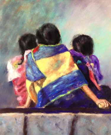 Drawing titled "Trois amies mexicai…" by Résy, Original Artwork, Pastel