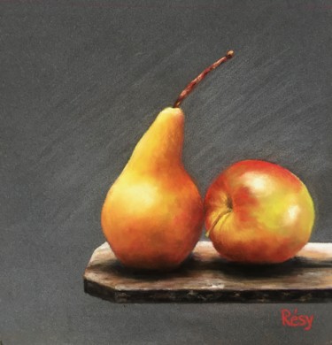 Drawing titled "Poire-pomme" by Résy, Original Artwork, Pastel