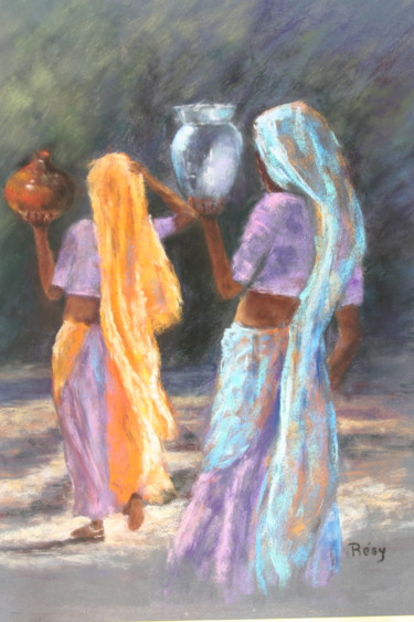 Dessin intitulée "Deux indiennes" par Résy, Œuvre d'art originale, Pastel