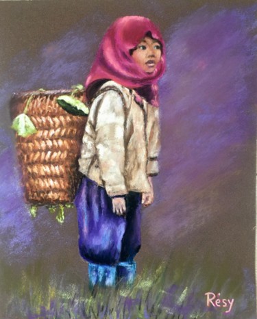 Drawing titled "Enfant au panier" by Résy, Original Artwork, Pastel