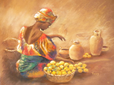 Drawing titled "Marché africain" by Résy, Original Artwork, Pastel