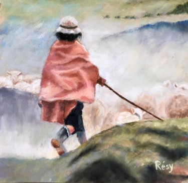 Zeichnungen mit dem Titel "Bergère aux moutons" von Résy, Original-Kunstwerk, Pastell