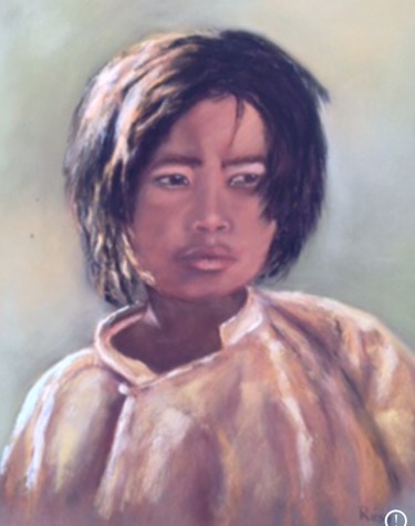 Drawing titled "Enfant tibétain" by Résy, Original Artwork, Pastel