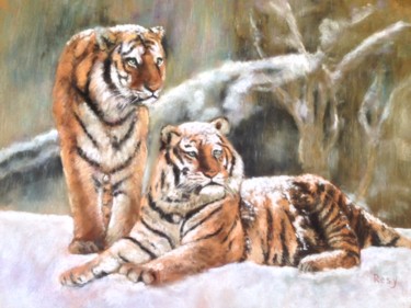 Dibujo titulada "Tigres dans la neige" por Résy, Obra de arte original, Pastel