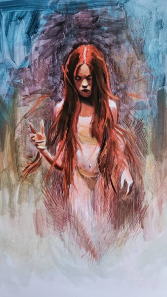 Nü kırmızılı cadi Peinture intitulée "Nü kırmızılı cadi" par Muzaffer Bulut, Œuvre d'art originale, Huile