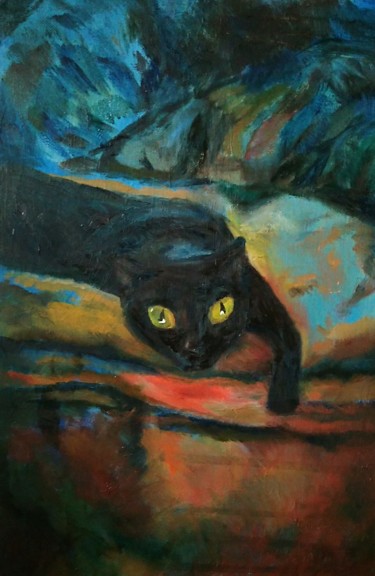 Картина под названием "Черный кот" - Иван Соломатин, Подлинное произведение искусства, Масло