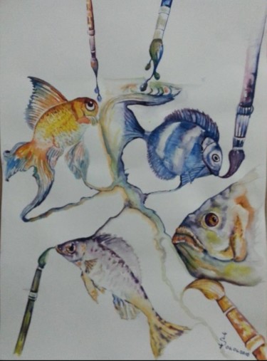 Pintura intitulada "Balıklar" por İShak Şafak, Obras de arte originais, Aquarela