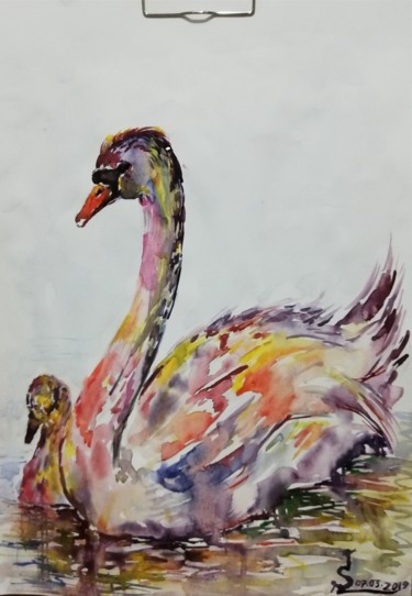 Pintura intitulada "Kuğu" por İShak Şafak, Obras de arte originais, Aquarela