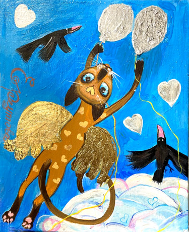 Siamese cat flies on balloons. Peinture intitulée "Siamese cat flies o…" par Elena Reutova, Œuvre d'art originale, Acrylique Monté sur Châssis
