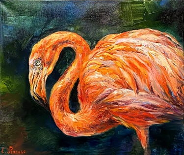 Painting titled "Bright flamingo on…" by Elena Reutova, Original Artwork, Oil Mounted on Wood Stretcher frame