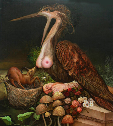 Ζωγραφική με τίτλο "Love of Heron" από Reydel Espinosa Fernandez, Αυθεντικά έργα τέχνης, Λάδι