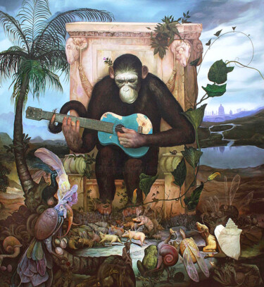 Schilderij getiteld "Chimpanzee's Concert" door Reydel Espinosa Fernandez, Origineel Kunstwerk, Olie