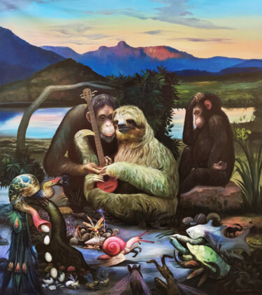 Painting titled "Teachings to a Sloth" by Reydel Espinosa Fernandez, Original Artwork, Oil