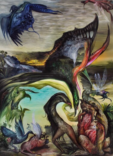 Painting titled "Synchronization" by Reydel Espinosa Fernandez, Original Artwork, Oil Mounted on Wood Panel