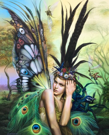Painting titled "The Peacock Fairy" by Reydel Espinosa Fernandez, Original Artwork, Oil