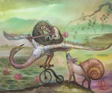 Painting titled "Senerade on Bicycle" by Reydel Espinosa Fernandez, Original Artwork, Oil