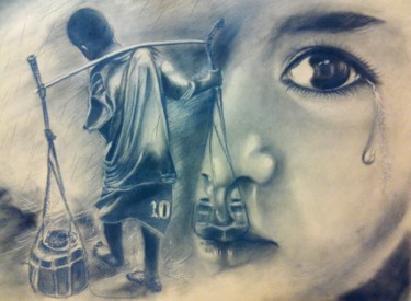 Σχέδιο με τίτλο "Stealing Childhood" από Rey Guimba, Αυθεντικά έργα τέχνης, Κάρβουνο