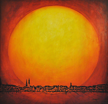 Malerei mit dem Titel "Sun and the City" von Reza Davatgar, Original-Kunstwerk, Acryl